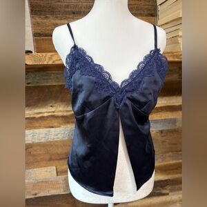 Mimosa Navy Satin Cami with Lace Trim